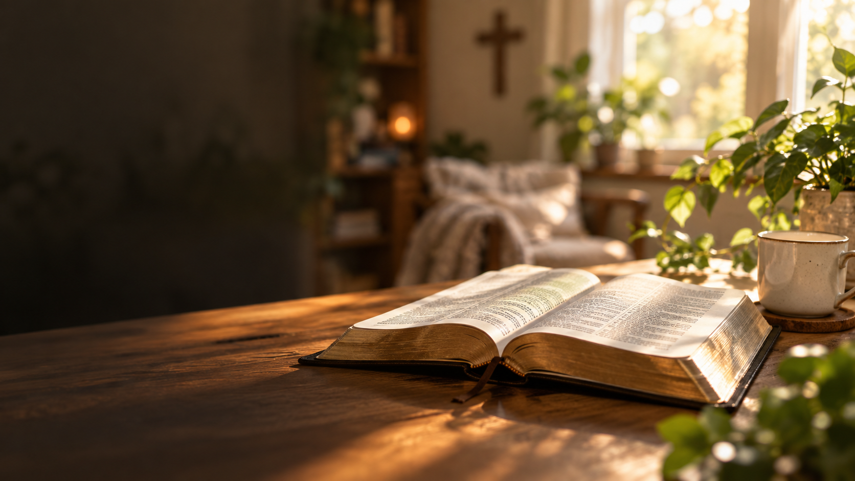 Nyitott Biblia természetes, meleg fényben